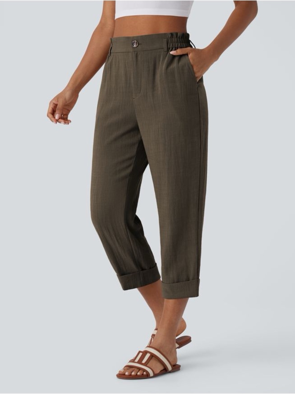 HALARA Capri high-waisted dress earthy chocolate brown pants with cuffed hem M/L